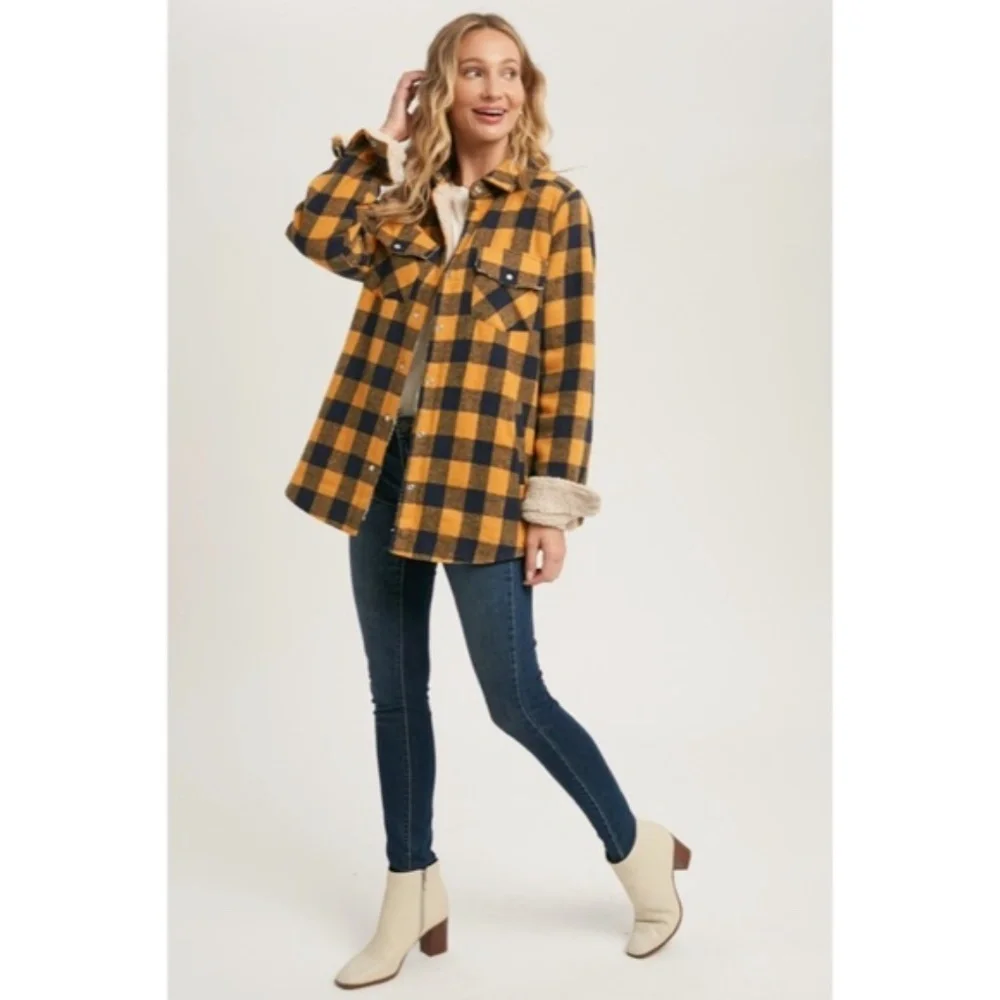 SOLD OUT Mustard Buffalo Plaid Sherpa Lined Shacket Shirt Jacket - Picture 5 of 6